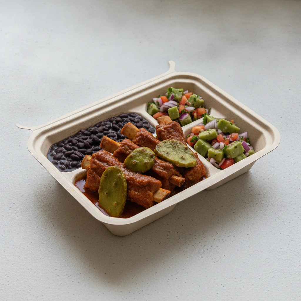 Costilla de Adobo Boxed Lunch with Black Beans / Nopalitos Salad Costilla de Adobo Boxed Lunch with Black Beans / Nopalitos Salad