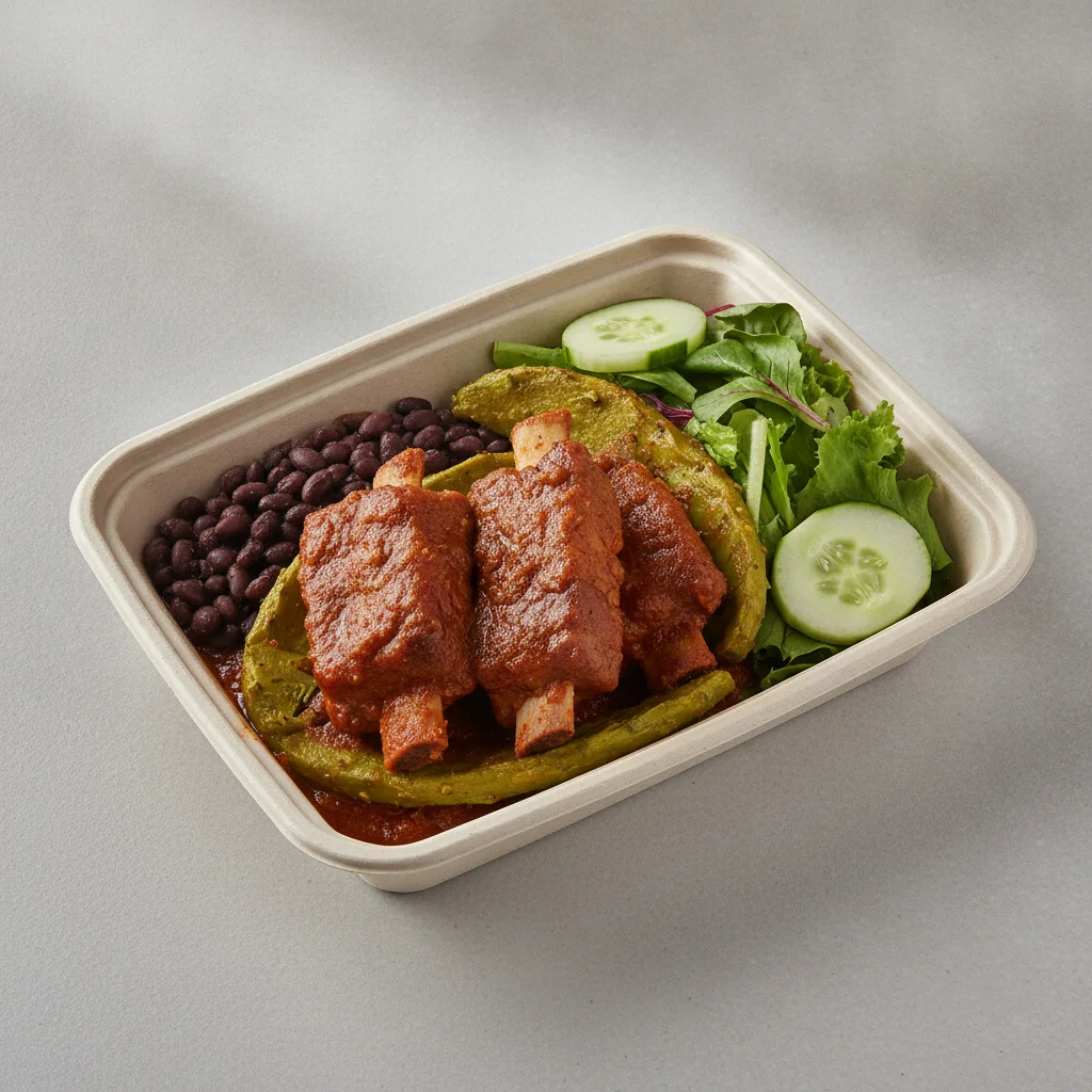 Costilla de Adobo Boxed Lunch with Black Beans / Green Salad Costilla de Adobo Boxed Lunch with Black Beans / Green Salad