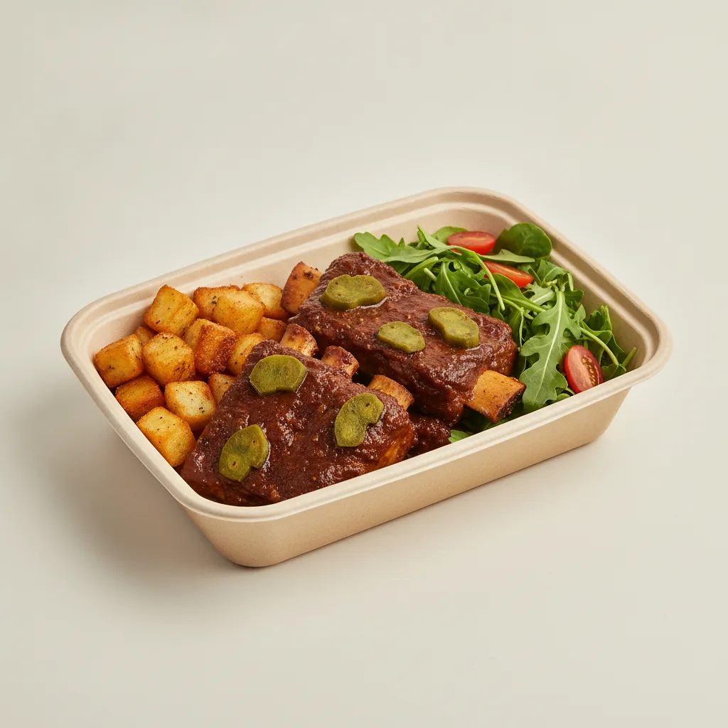 Costilla de Adobo Boxed Lunch — Home Fries / Green Salad Costilla de Adobo Boxed Lunch — Home Fries / Green Salad