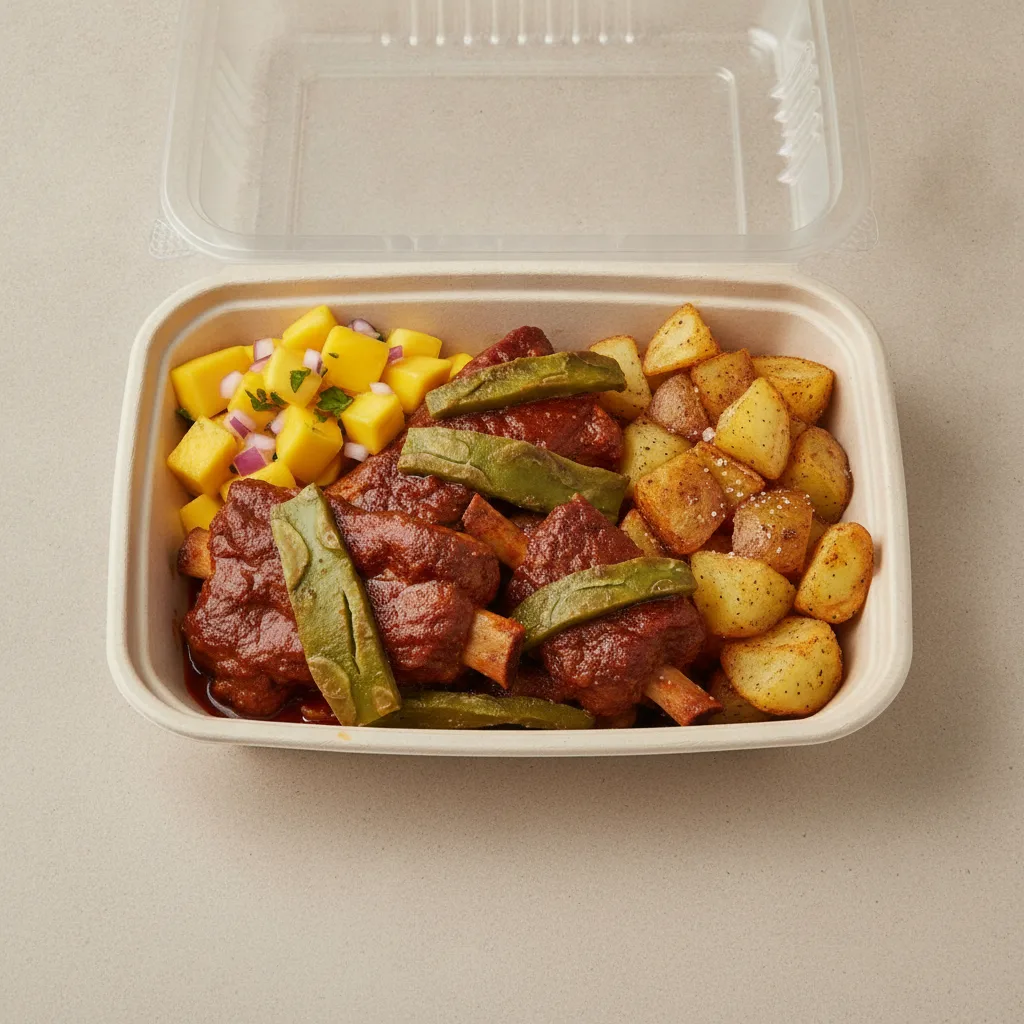 Costilla de Adobo Boxed Lunch — Home Fries / Mango Salad Costilla de Adobo Boxed Lunch — Home Fries / Mango Salad
