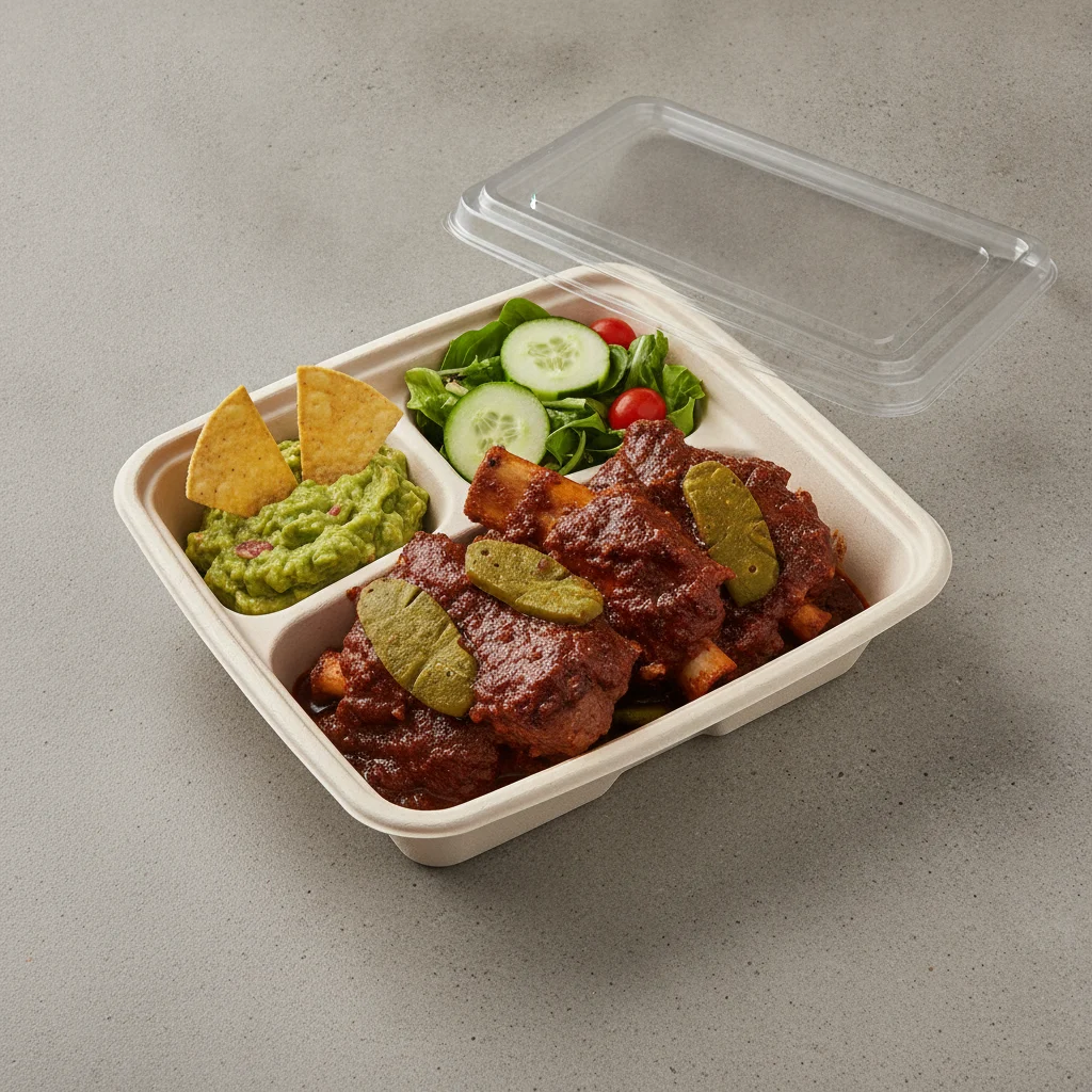 Costilla de Adobo Boxed Lunch with Guacamole and Chips / Green Salad Costilla de Adobo Boxed Lunch with Guacamole and Chips / Green Salad