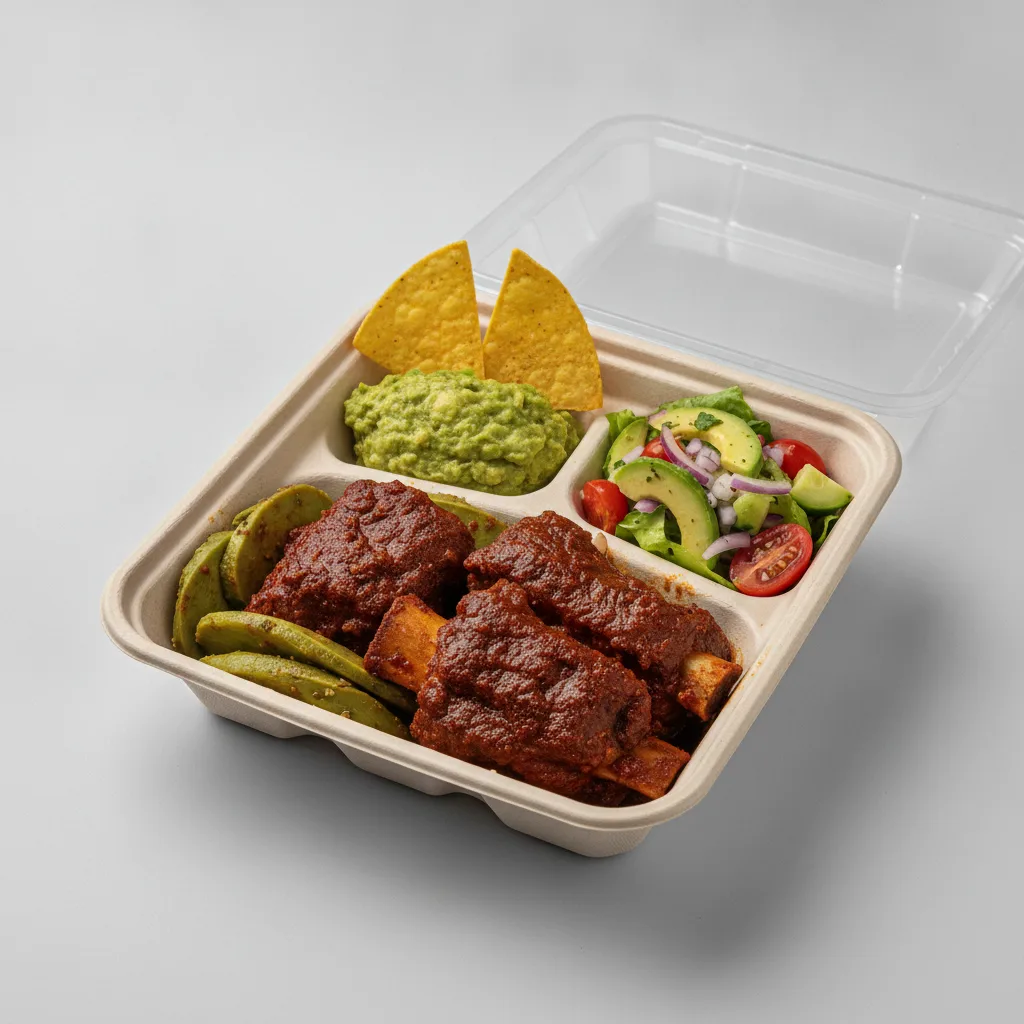 Costilla de Adobo Boxed Lunch with Guacamole and Chips / Avocado Salad Costilla de Adobo Boxed Lunch with Guacamole and Chips / Avocado Salad