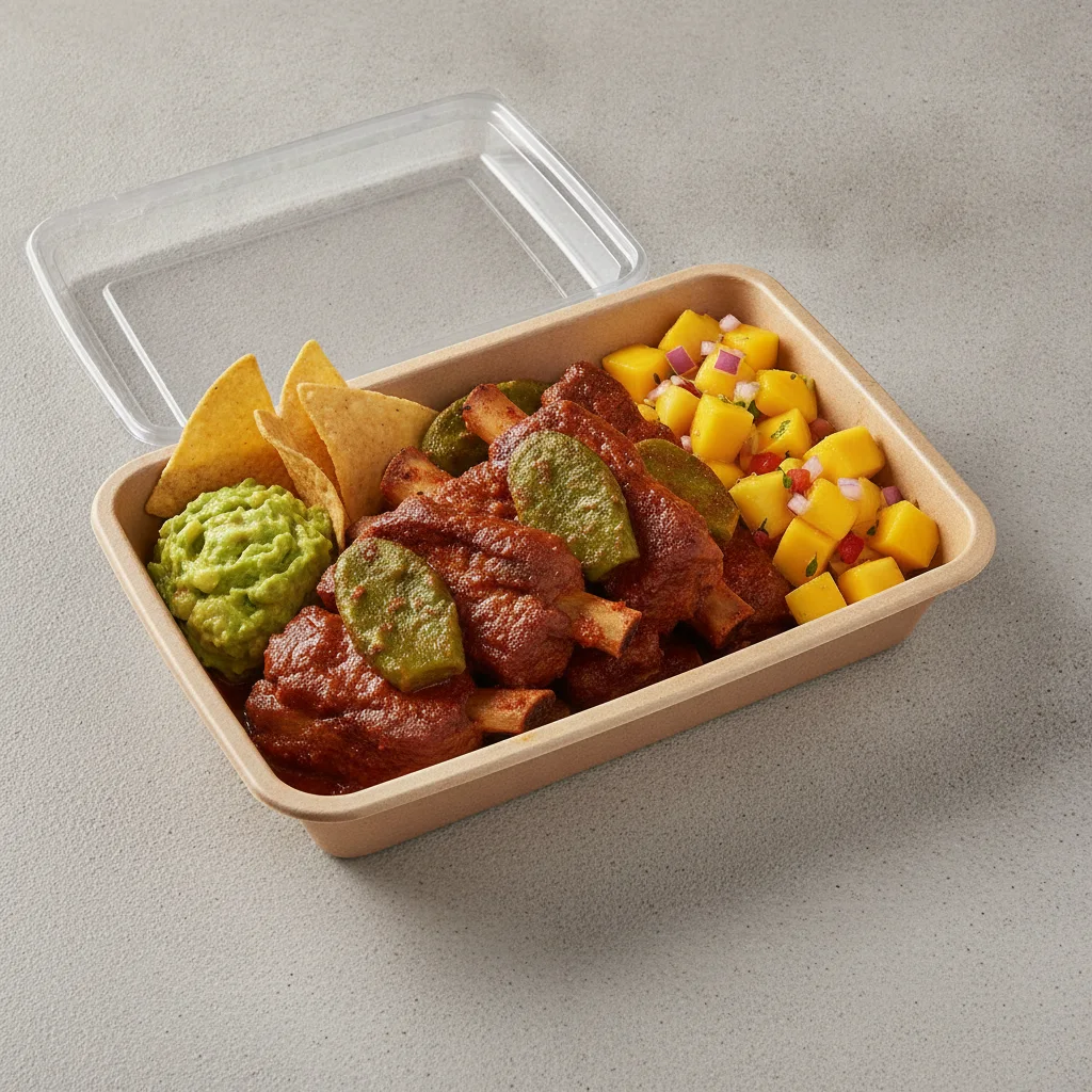 Costilla de Adobo Boxed Lunch with Guacamole and Chips / Mango Salad Costilla de Adobo Boxed Lunch with Guacamole and Chips / Mango Salad