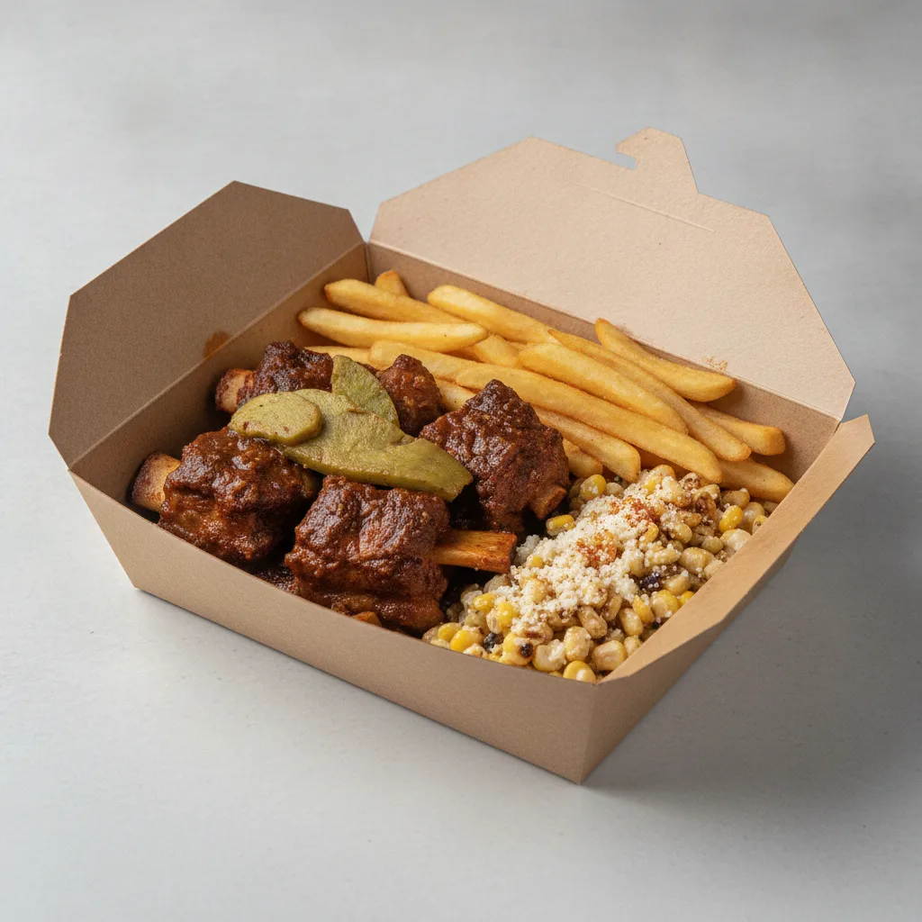 Costilla de Adobo Boxed Lunch with French Fries / Street Corn Salad Costilla de Adobo Boxed Lunch with French Fries / Street Corn Salad