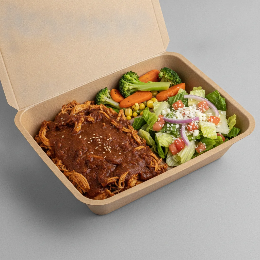 Mole Boxed Lunch with Steamed Mix Veggies / Mexican House Salad Mole Boxed Lunch with Steamed Mix Veggies / Mexican House Salad