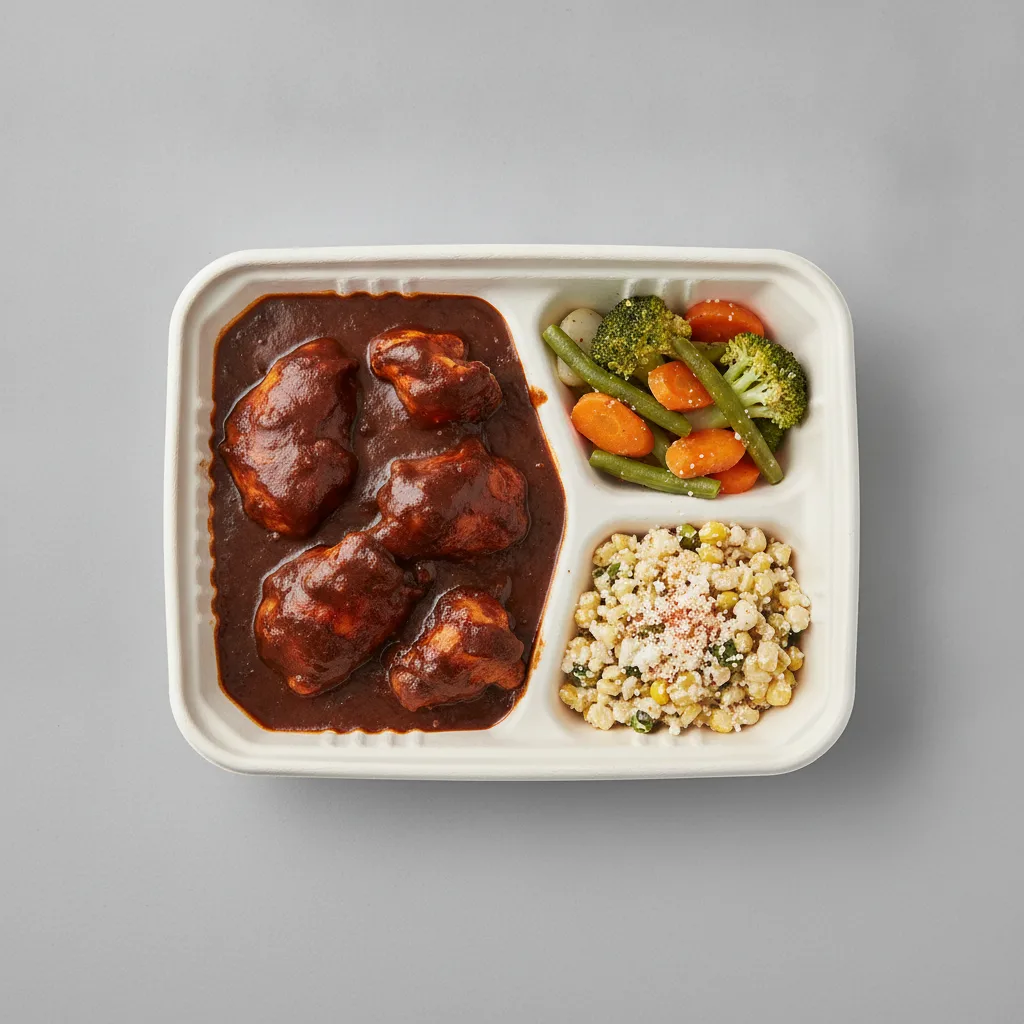 Mole Boxed Lunch with Steamed Mix Veggies / Street Corn Salad Mole Boxed Lunch with Steamed Mix Veggies / Street Corn Salad