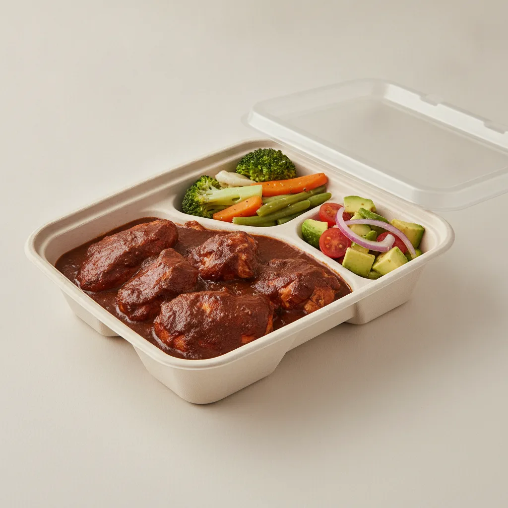 Mole Boxed Lunch with Steamed Mix Veggies / Avocado Salad Mole Boxed Lunch with Steamed Mix Veggies / Avocado Salad