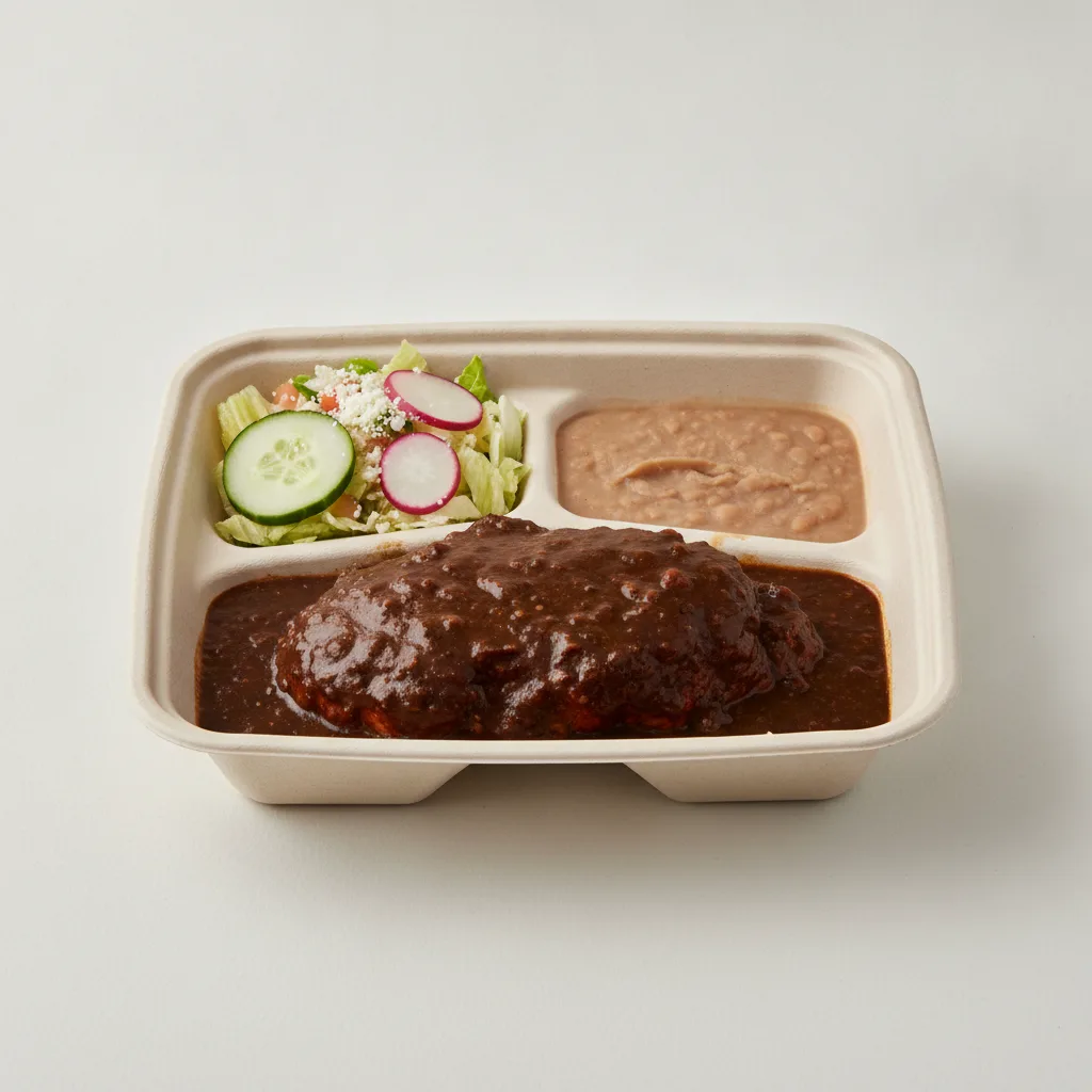 Mole Boxed Lunch with Refried Pinto Beans / Mexican House Salad Mole Boxed Lunch with Refried Pinto Beans / Mexican House Salad