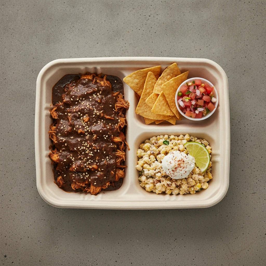Mole Boxed Lunch with Pico and Chips / Street Corn Salad Mole Boxed Lunch with Pico and Chips / Street Corn Salad