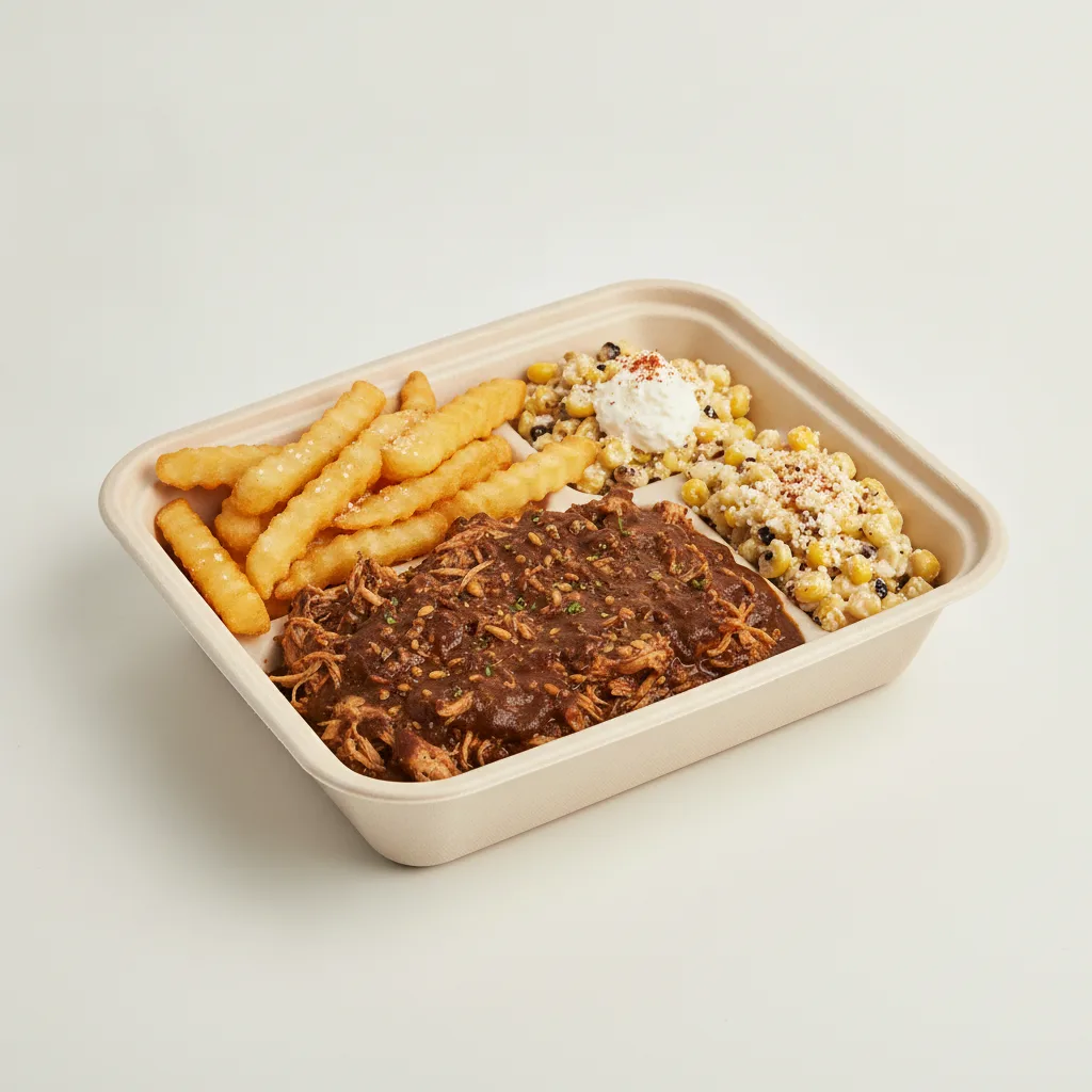 Mole Boxed Lunch with French Fries / Street Corn Salad Mole Boxed Lunch with French Fries / Street Corn Salad