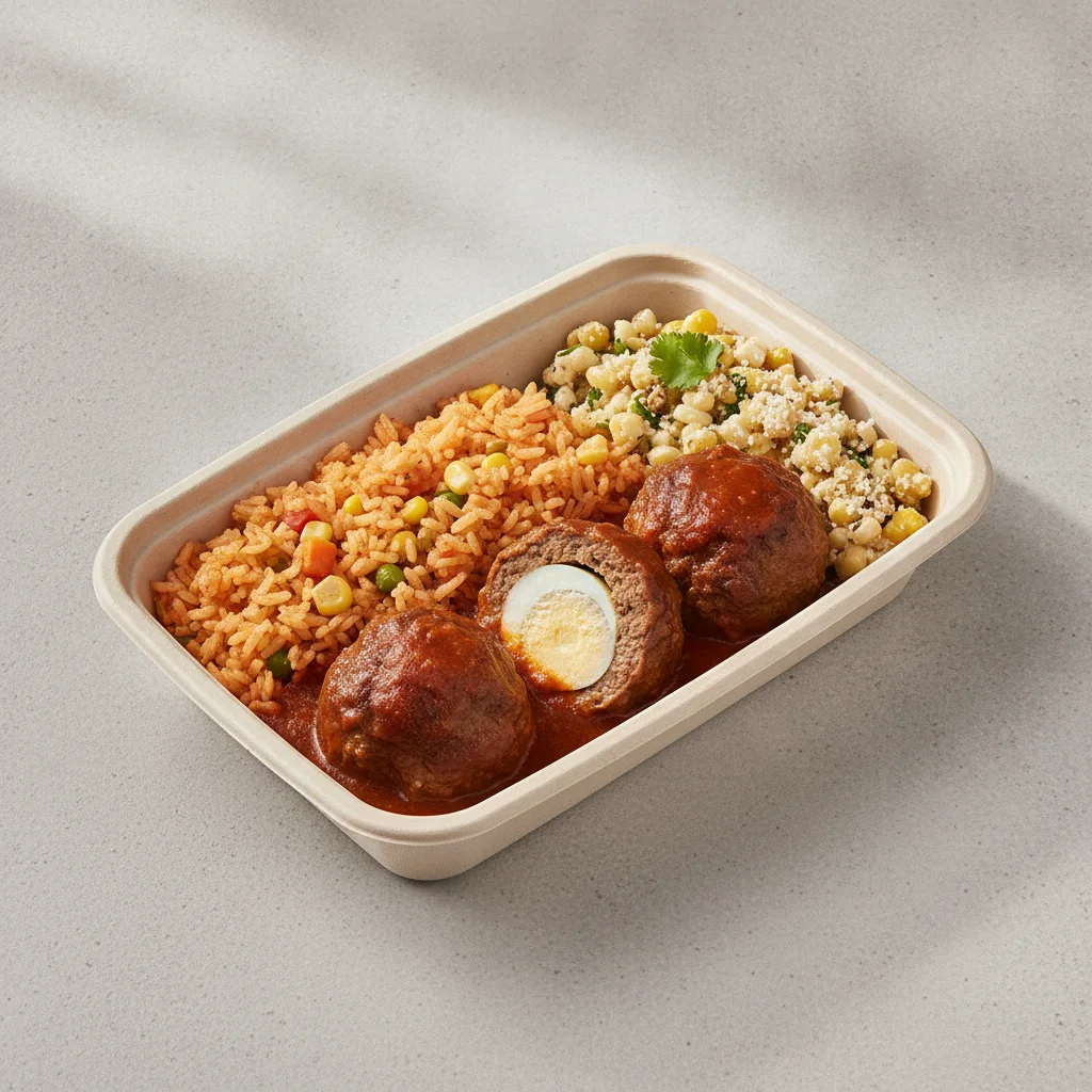 Meatballs Boxed Lunch with Mexican Rice / Street Corn Salad Meatballs Boxed Lunch with Mexican Rice / Street Corn Salad