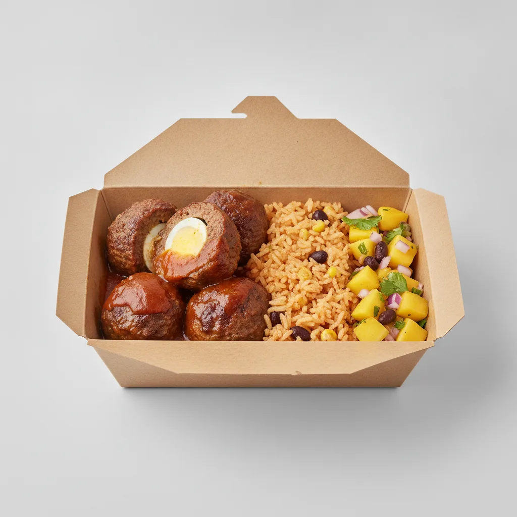 Meatballs Boxed Lunch with Mexican Rice / Mango Salad Meatballs Boxed Lunch with Mexican Rice / Mango Salad