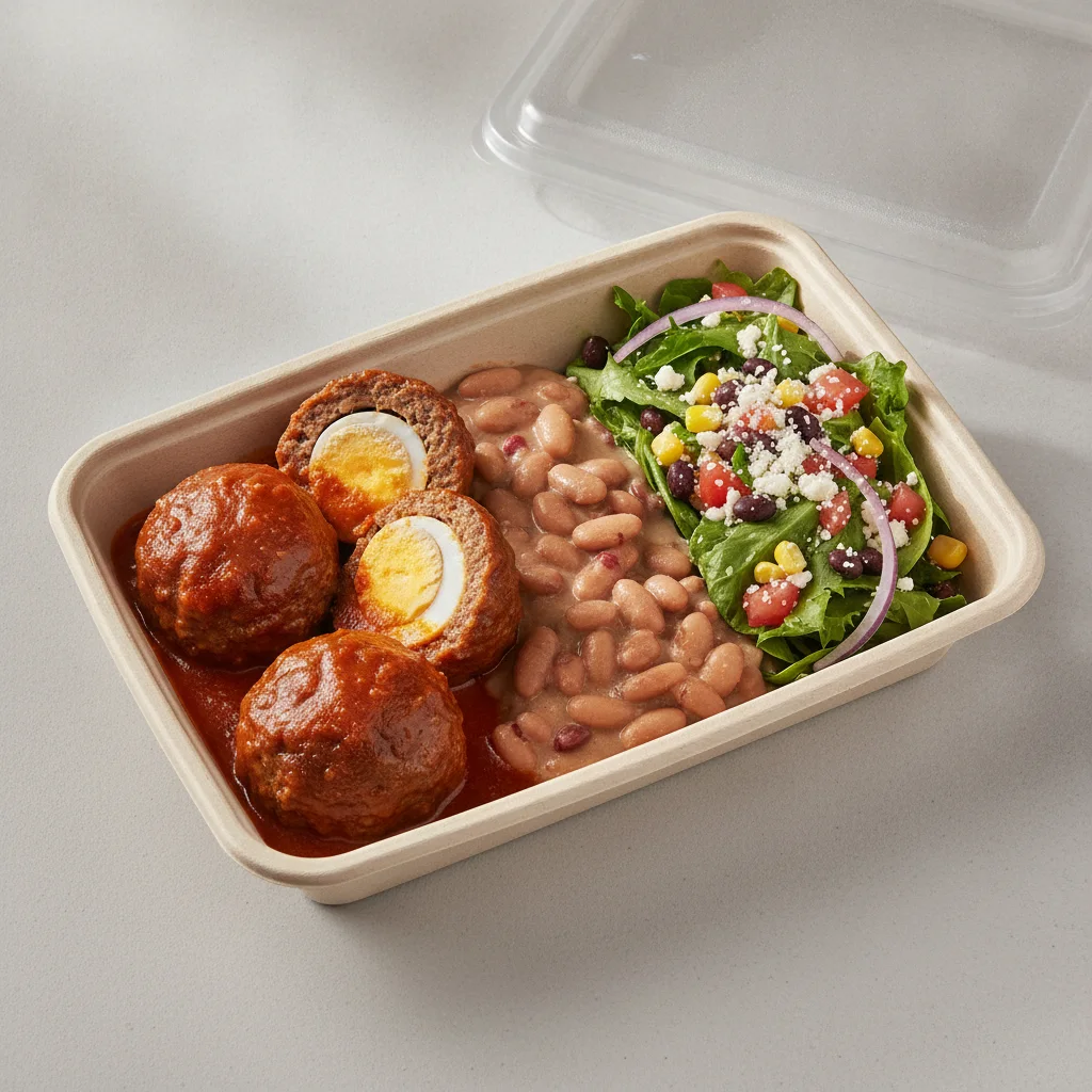Meatballs Boxed Lunch with Pinto Beans / Mexican House Salad Meatballs Boxed Lunch with Pinto Beans / Mexican House Salad