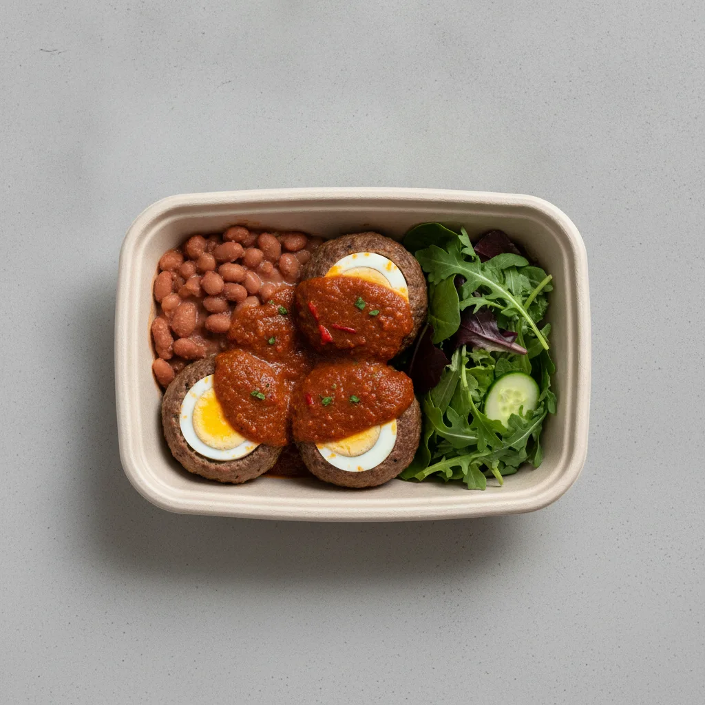 Meatballs Boxed Lunch with Pinto Beans / Green Salad Meatballs Boxed Lunch with Pinto Beans / Green Salad