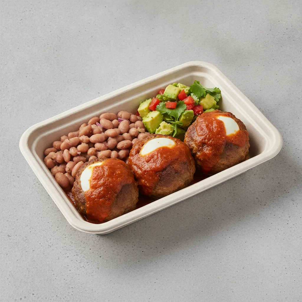 Meatballs Boxed Lunch with Pinto Beans / Avocado Salad Meatballs Boxed Lunch with Pinto Beans / Avocado Salad