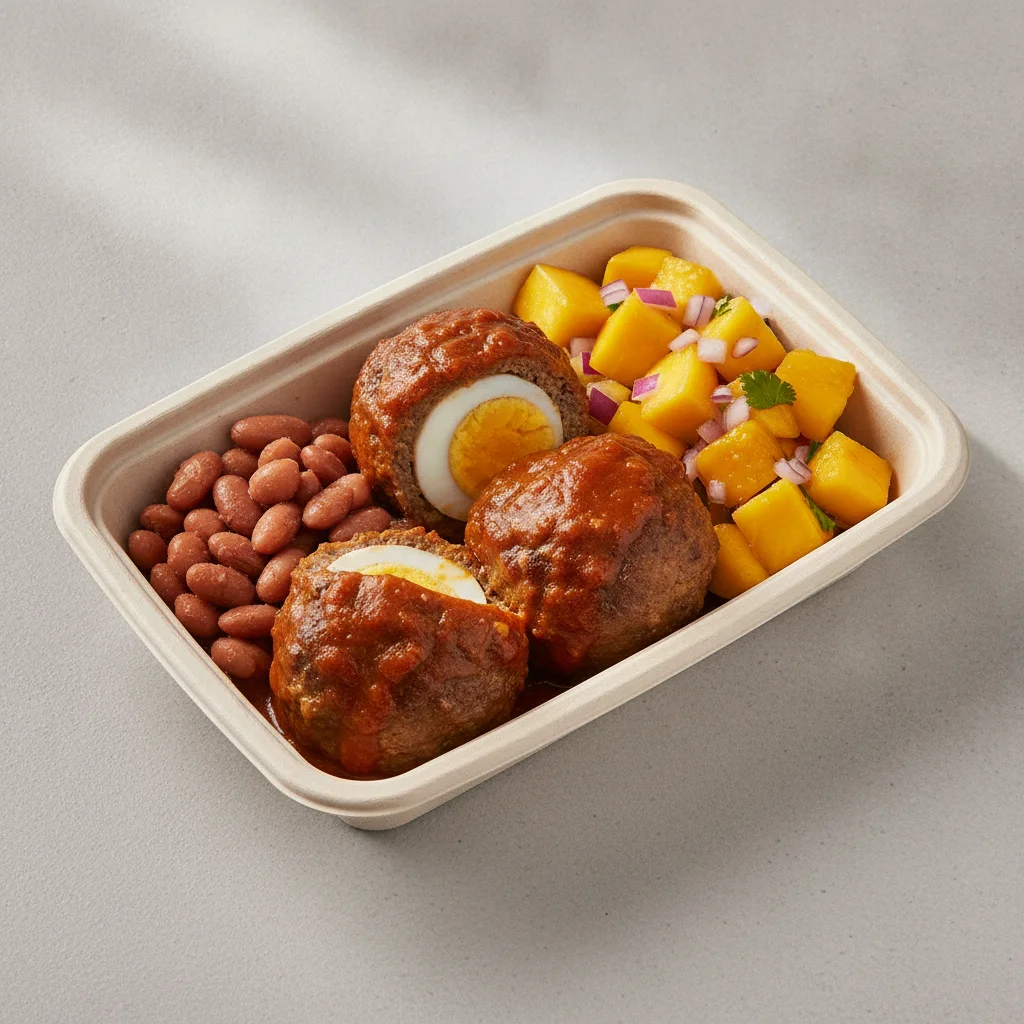 Meatballs Boxed Lunch with Pinto Beans / Mango Salad Meatballs Boxed Lunch with Pinto Beans / Mango Salad