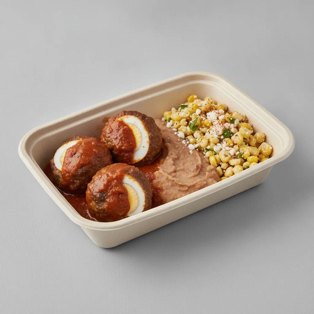 Meatballs Boxed Lunch with Refried Pinto Beans / Street Corn Salad Meatballs Boxed Lunch with Refried Pinto Beans / Street Corn Salad