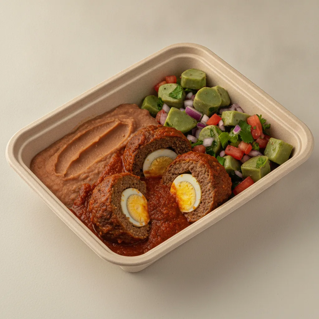 Meatballs Boxed Lunch with Refried Pinto Beans / Nopalitos Salad Meatballs Boxed Lunch with Refried Pinto Beans / Nopalitos Salad