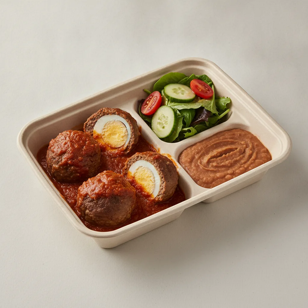 Meatballs Boxed Lunch with Refried Pinto Beans / Green Salad Meatballs Boxed Lunch with Refried Pinto Beans / Green Salad