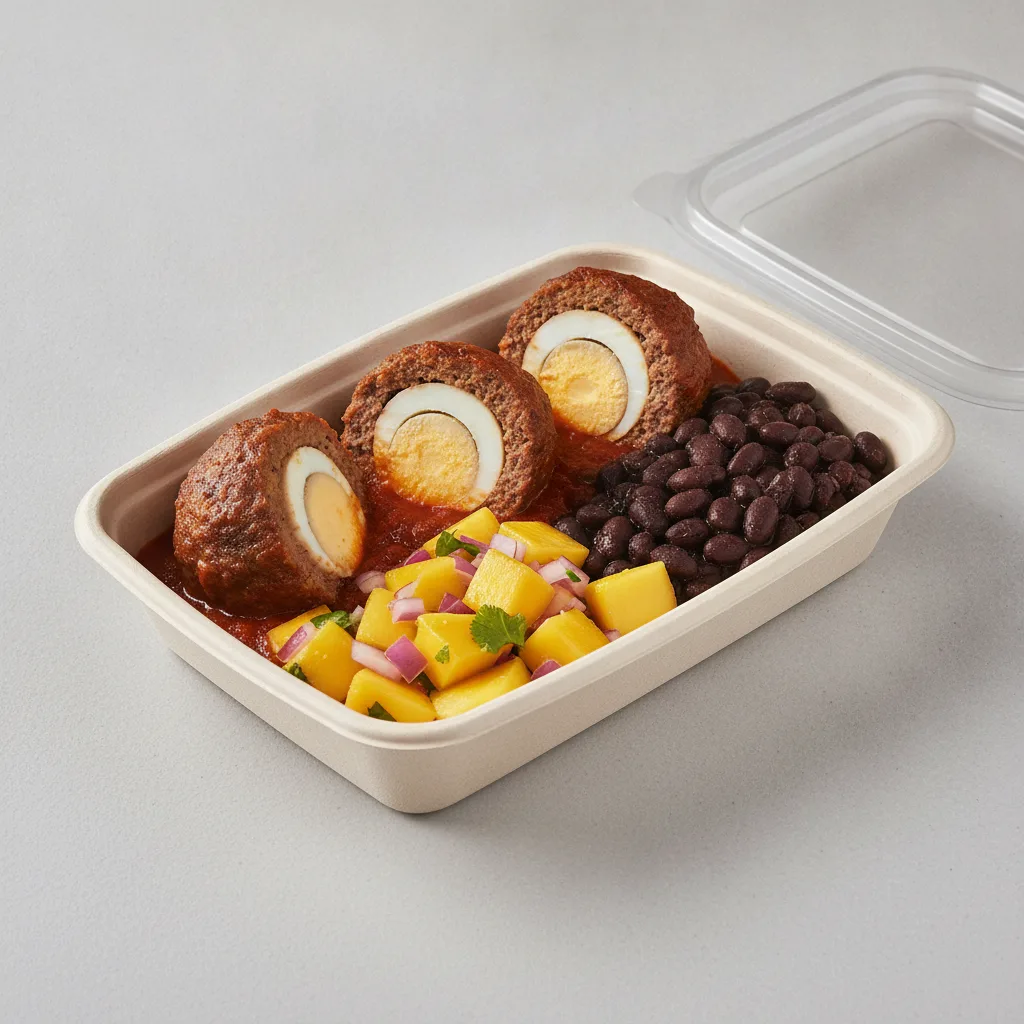 Meatballs Boxed Lunch with Black Beans / Mango Salad Meatballs Boxed Lunch with Black Beans / Mango Salad