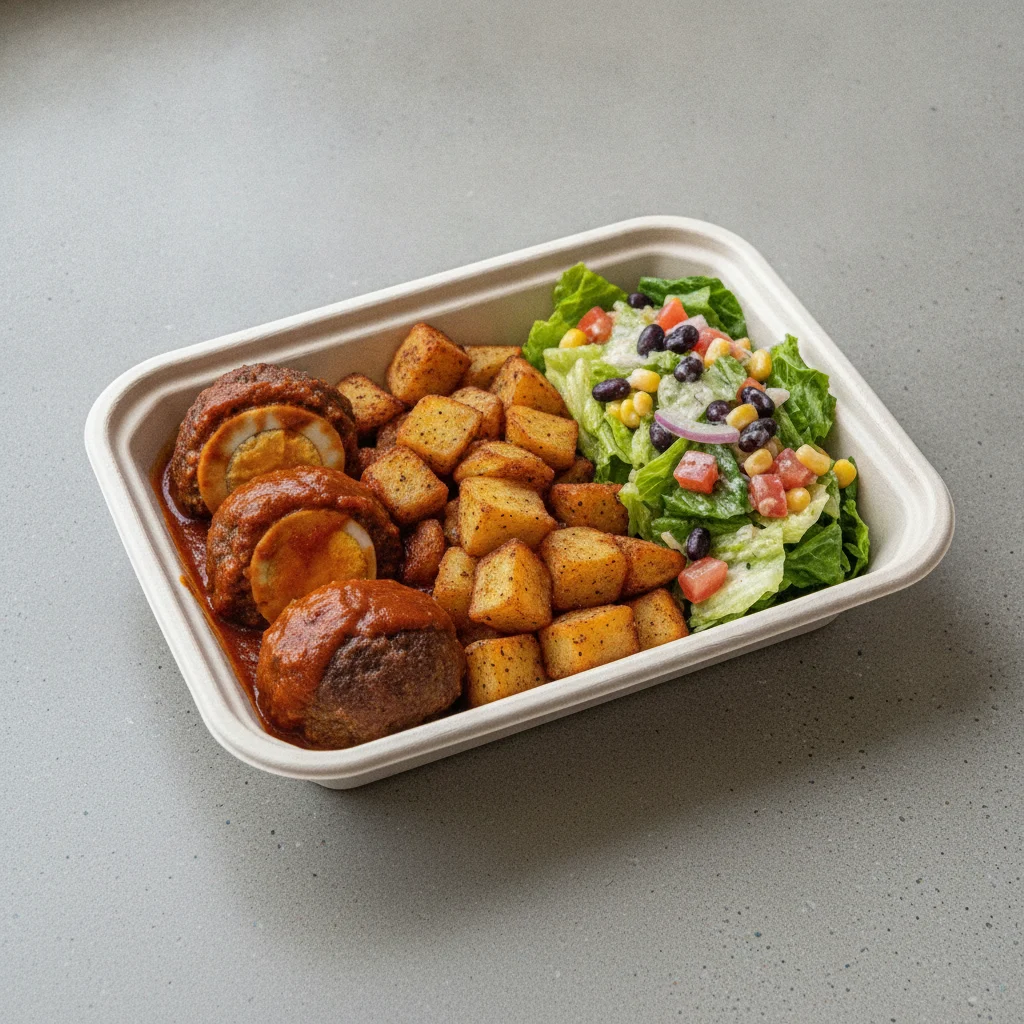 Meatballs Boxed Lunch — Home Fries / Mexican House Salad Meatballs Boxed Lunch — Home Fries / Mexican House Salad