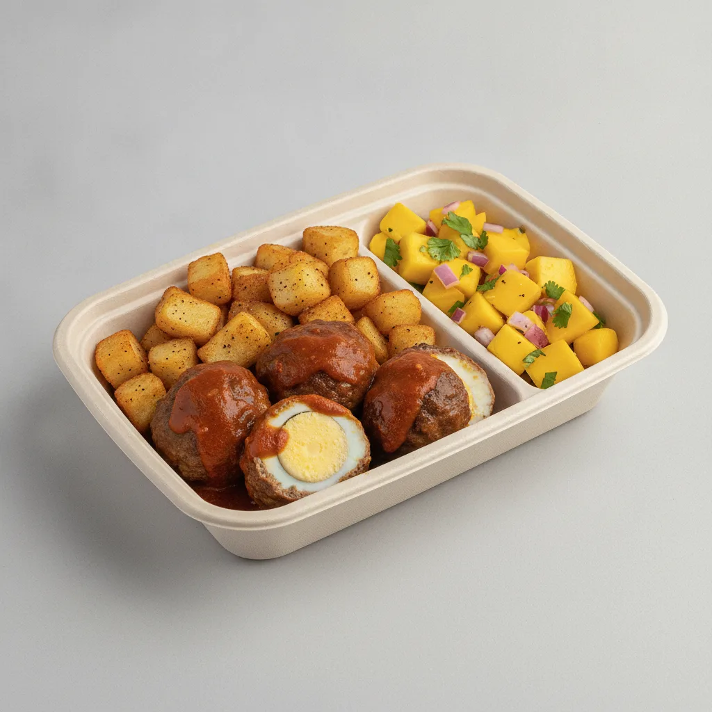 Meatballs Boxed Lunch — Home Fries / Mango Salad Meatballs Boxed Lunch — Home Fries / Mango Salad