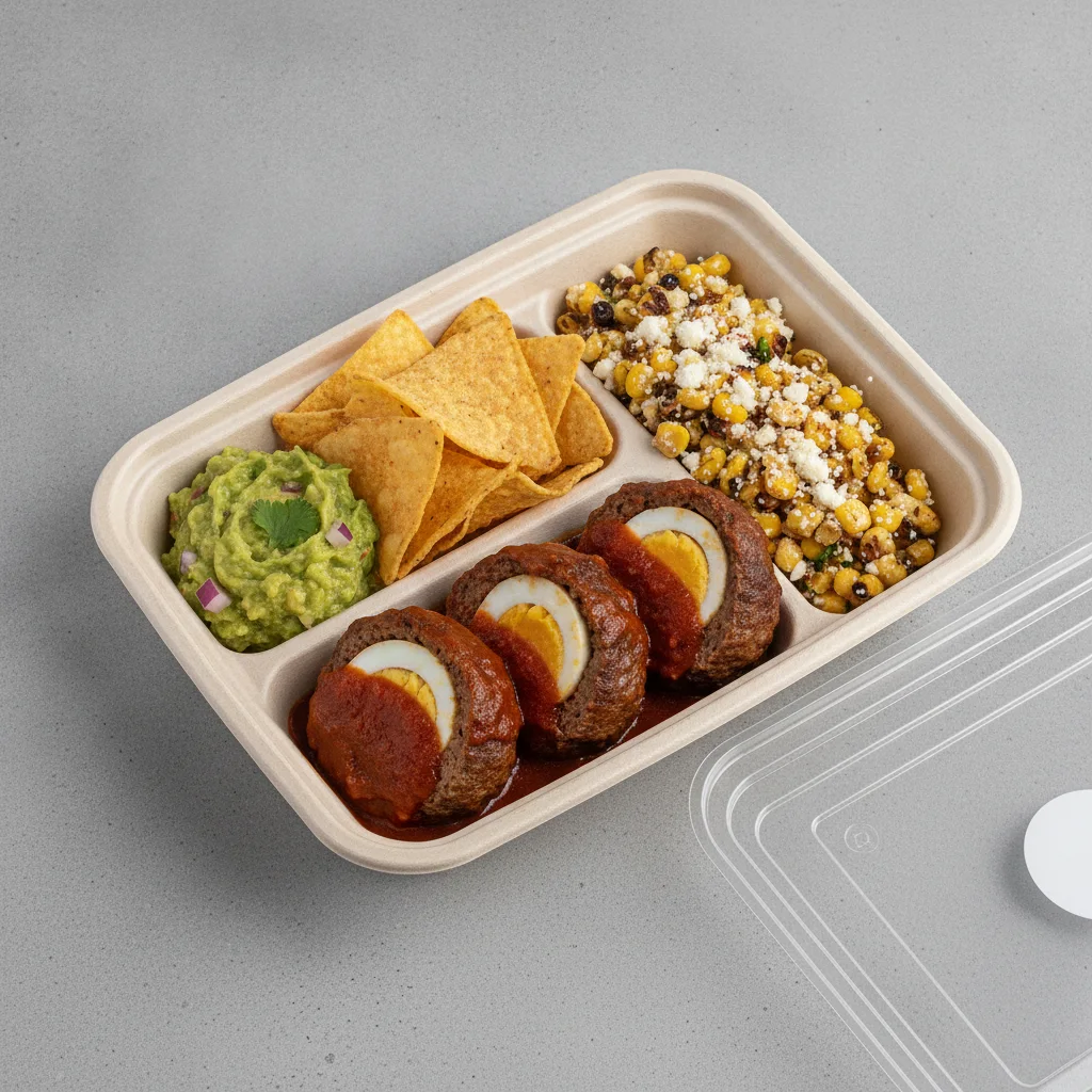 Meatballs Boxed Lunch with Guacamole and Chips / Street Corn Salad Meatballs Boxed Lunch with Guacamole and Chips / Street Corn Salad