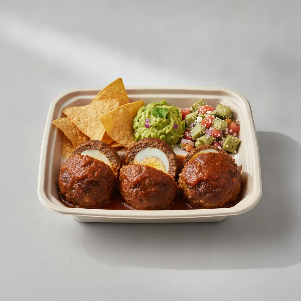 Meatballs Boxed Lunch with Guacamole and Chips / Nopalitos Salad Meatballs Boxed Lunch with Guacamole and Chips / Nopalitos Salad