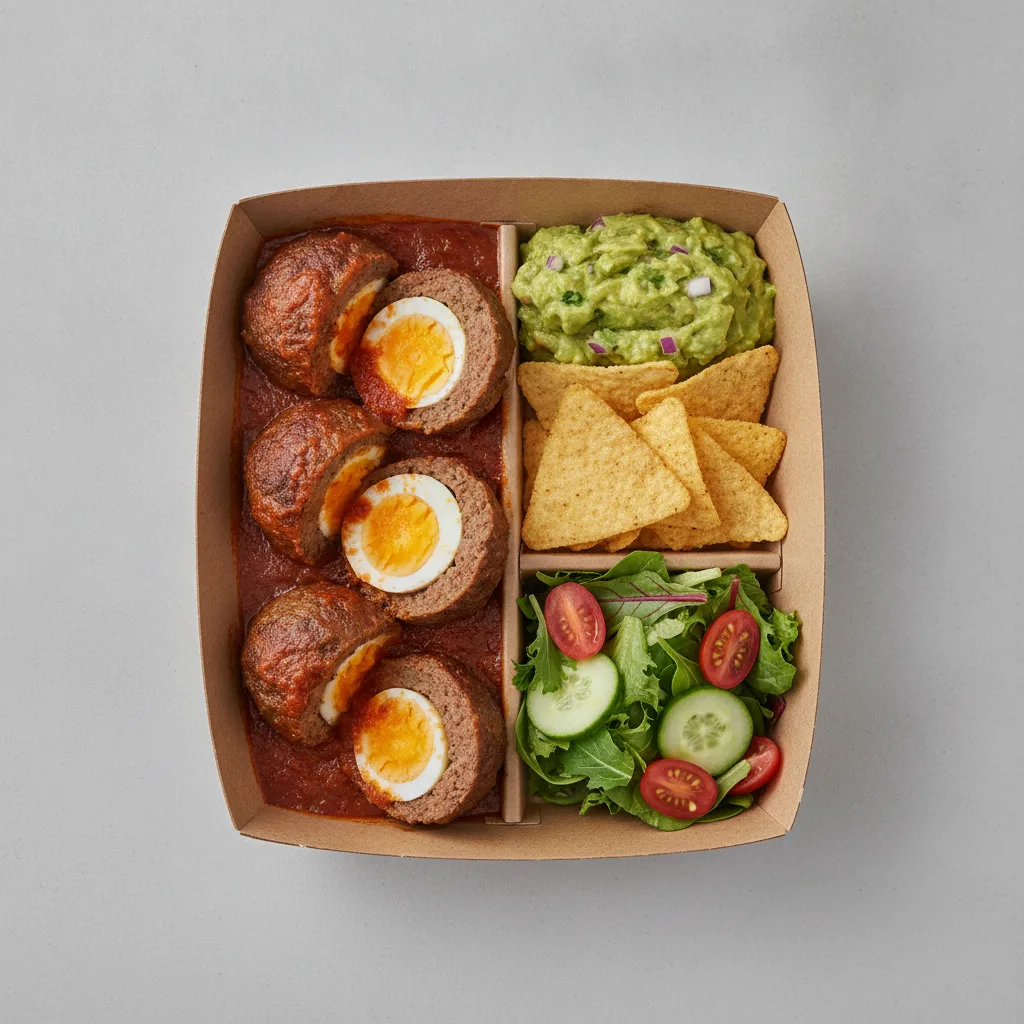 Meatballs Boxed Lunch with Guacamole and Chips / Green Salad Meatballs Boxed Lunch with Guacamole and Chips / Green Salad