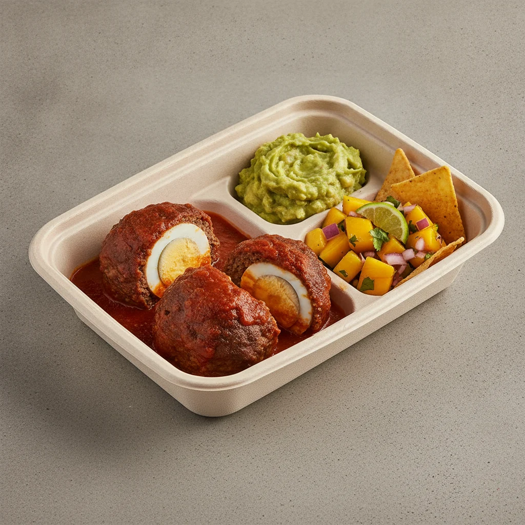 Meatballs Boxed Lunch with Guacamole and Chips / Mango Salad Meatballs Boxed Lunch with Guacamole and Chips / Mango Salad