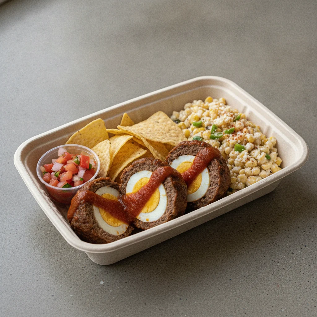 Meatballs Boxed Lunch with Pico and Chips / Street Corn Salad Meatballs Boxed Lunch with Pico and Chips / Street Corn Salad