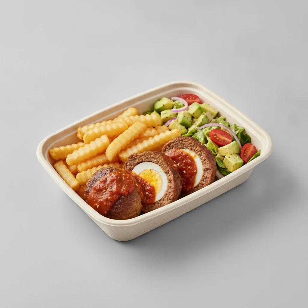 Meatballs Boxed Lunch with French Fries / Avocado Salad Meatballs Boxed Lunch with French Fries / Avocado Salad