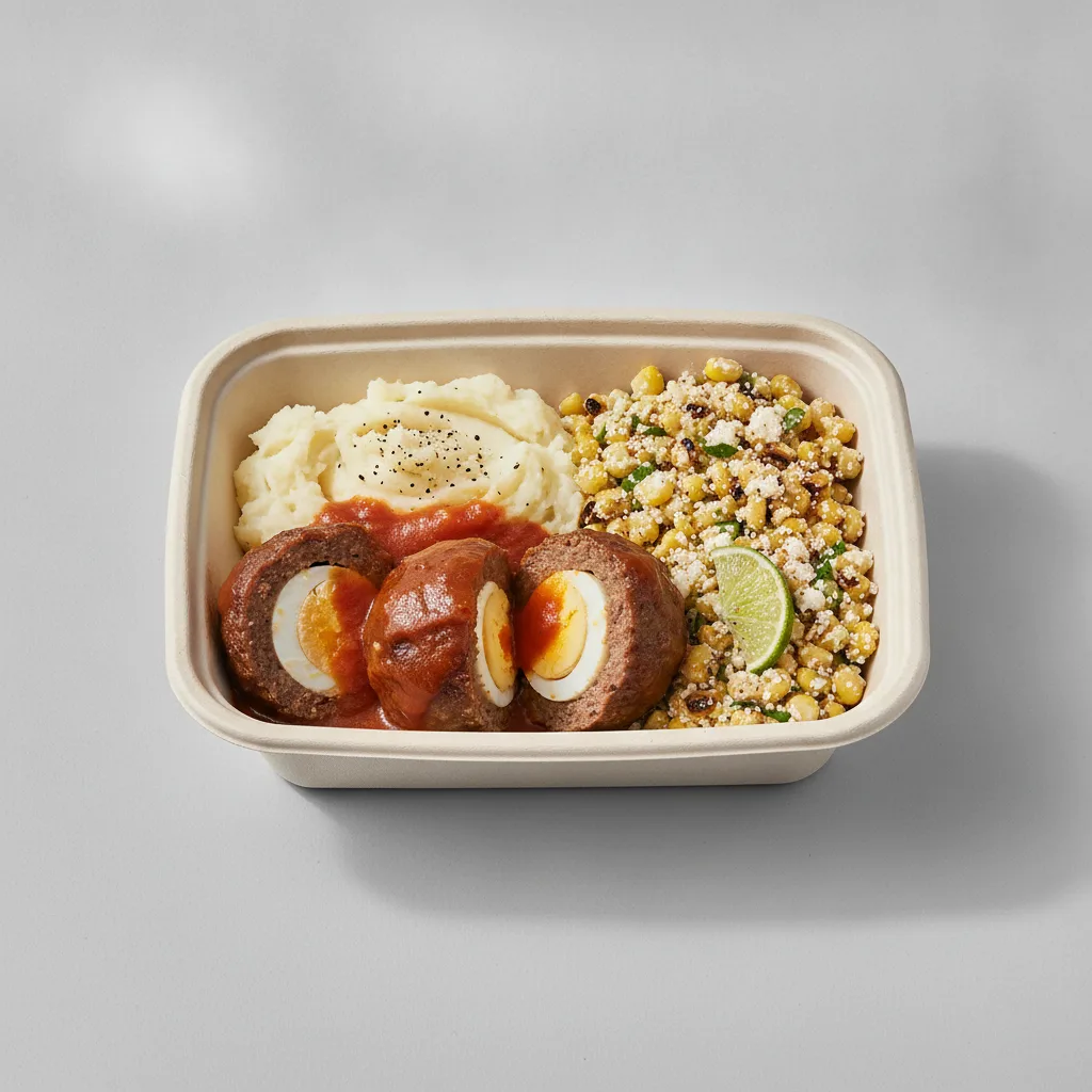 Meatballs Boxed Lunch with Mashed Potato / Street Corn Salad Meatballs Boxed Lunch with Mashed Potato / Street Corn Salad