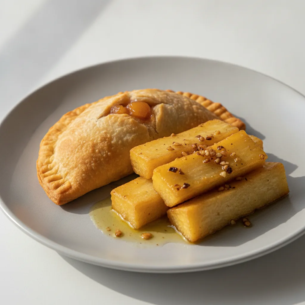 Peach Cobbler Empanada with Yuca Al Mojo