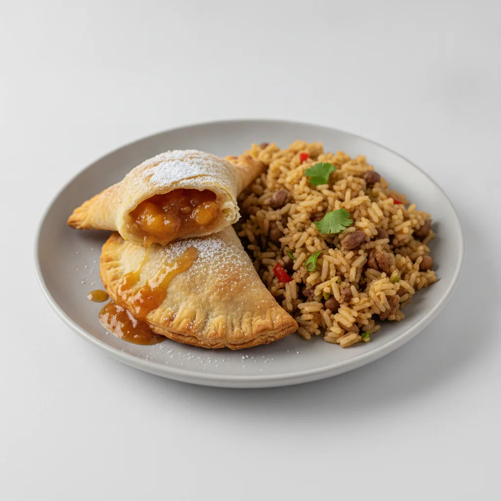 Peach Cobbler Empanada with Arroz Con Gandules