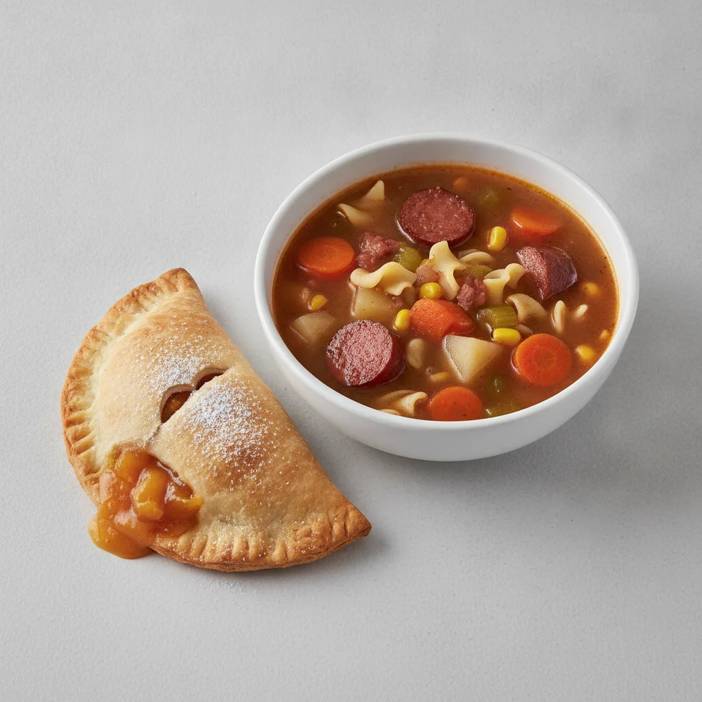 Peach Cobbler Empanada with Salchichon Soup
