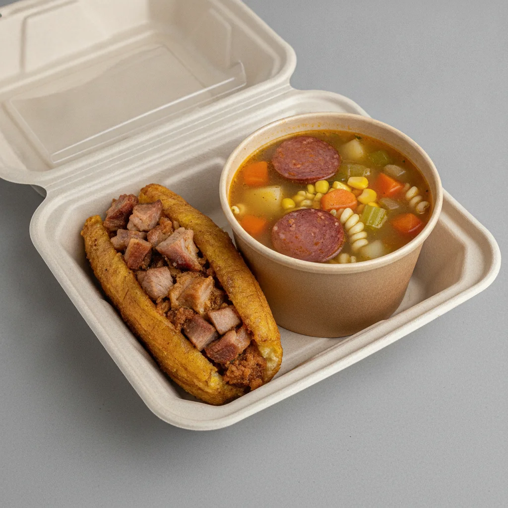 Stuffed Plantain with Salchichon Soup, Puerto Rican-style soup