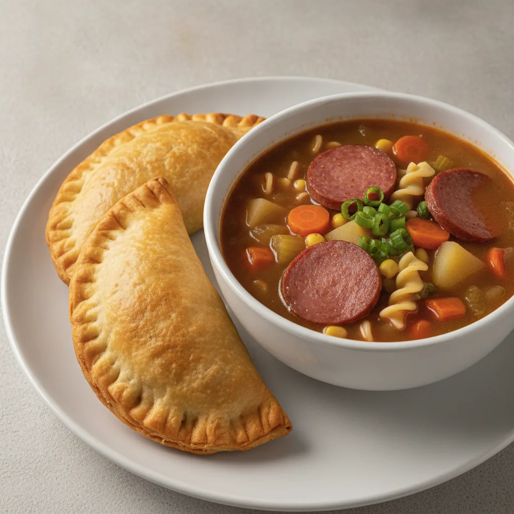 2 Vegetarian Empanadas with Salchichon Soup