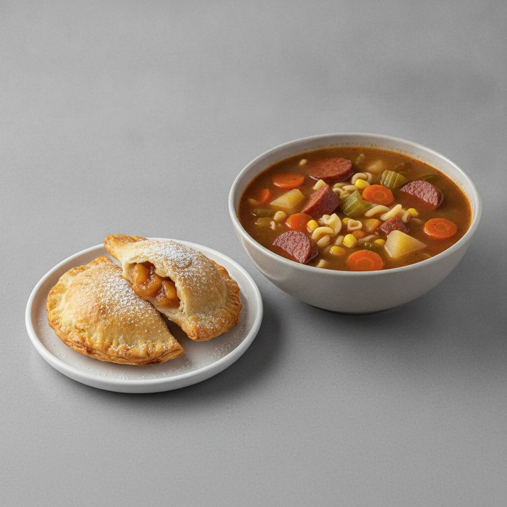 2 Peach Cobbler Empanada with Salchichon Soup