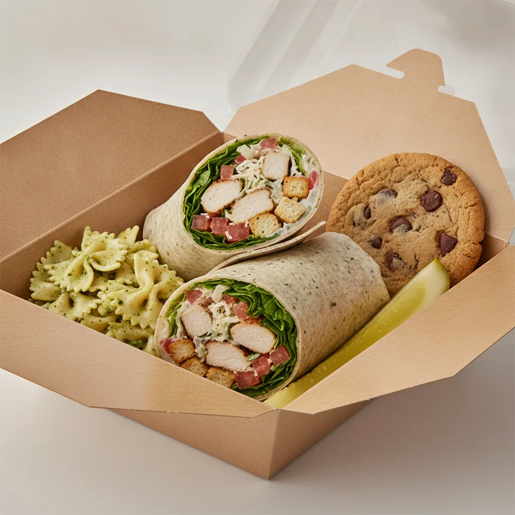 Chicken Caesar Wrap Box Lunch with Pesto Bowtie Pasta Salad