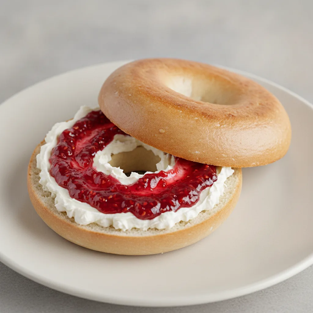 Cream Cheese and Jam Bagel (Plain Bagel, Cream Cheese, Raspberry Jam) Cream Cheese and Jam Bagel (Plain Bagel, Cream Cheese, Raspberry Jam)