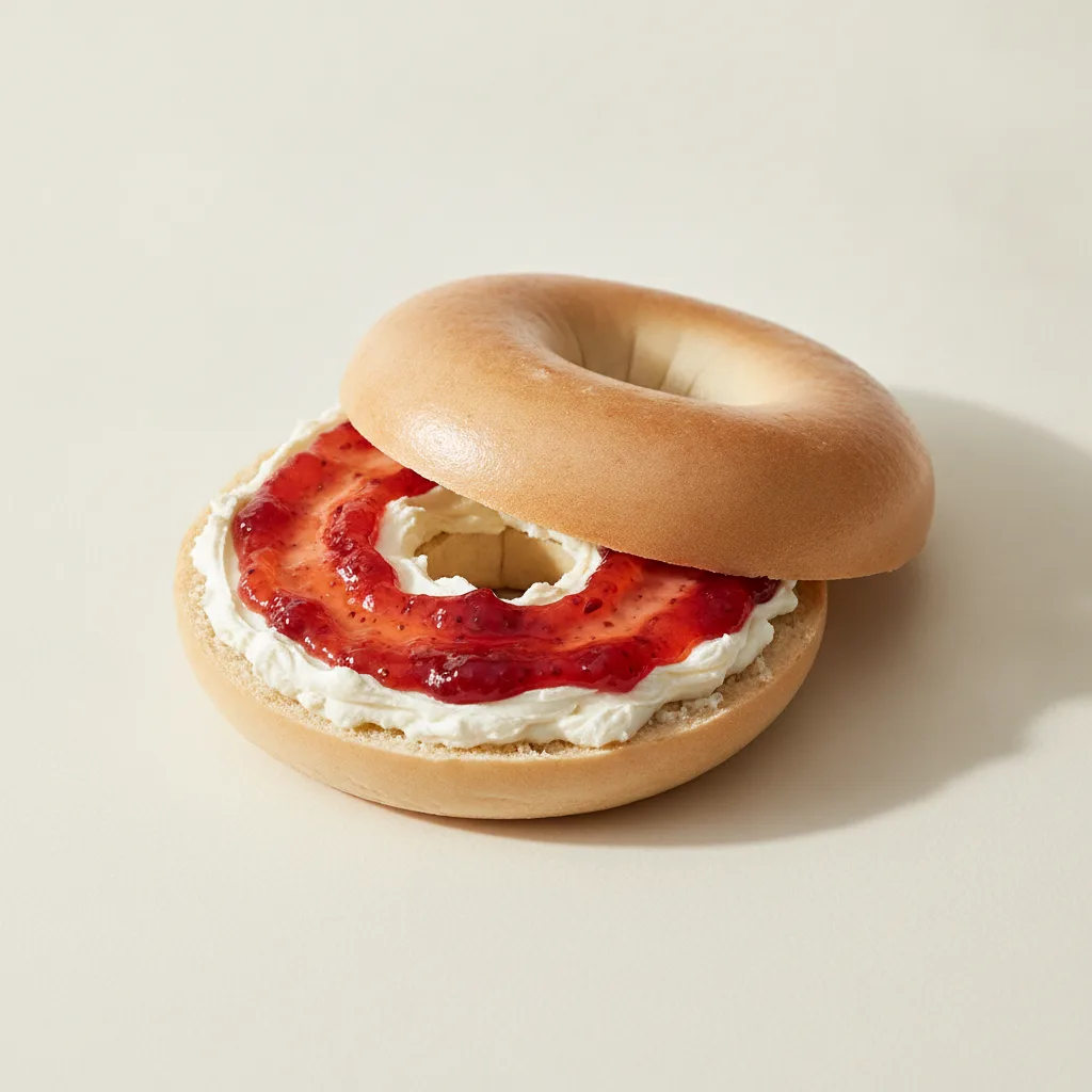 Cream Cheese and Jam Bagel (Plain Bagel, Cream Cheese, Strawberry Jam) Cream Cheese and Jam Bagel (Plain Bagel, Cream Cheese, Strawberry Jam)