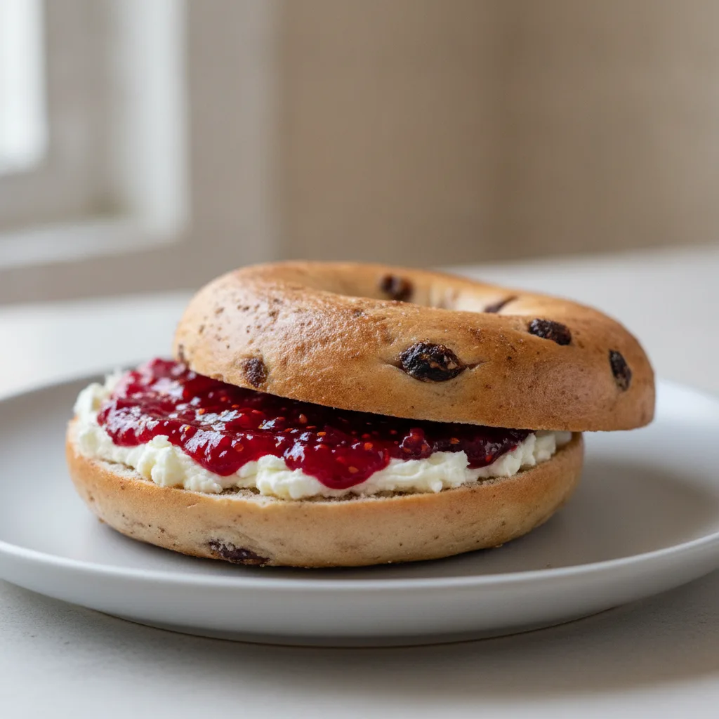 Cream Cheese and Jam Bagel (Cinnamon Raisin Bagel, Cream Cheese, Raspberry Jam) Cream Cheese and Jam Bagel (Cinnamon Raisin Bagel, Cream Cheese, Raspberry Jam)