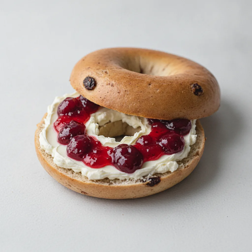 Cream Cheese and Jam Bagel (Cinnamon Raisin Bagel, Cream Cheese, Cherry Jam) Cream Cheese and Jam Bagel (Cinnamon Raisin Bagel, Cream Cheese, Cherry Jam)