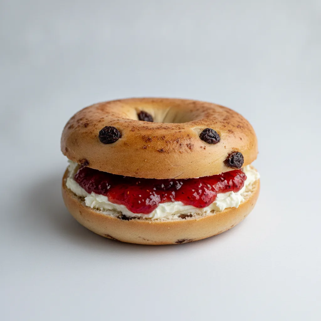 Cream Cheese and Jam Bagel (Cinnamon Raisin Bagel, Cream Cheese, Strawberry Jam) Cream Cheese and Jam Bagel (Cinnamon Raisin Bagel, Cream Cheese, Strawberry Jam)