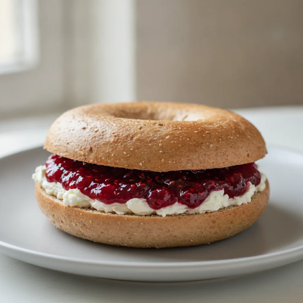 Cream Cheese and Jam Bagel (Whole Wheat Bagel, Cream Cheese, Raspberry Jam) Cream Cheese and Jam Bagel (Whole Wheat Bagel, Cream Cheese, Raspberry Jam)