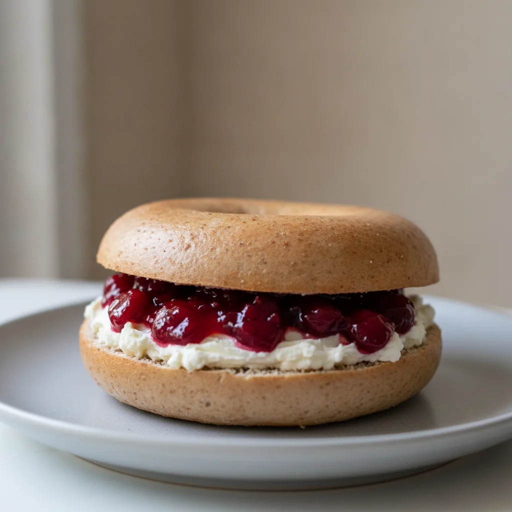 Cream Cheese and Jam Bagel (Whole Wheat Bagel, Cream Cheese, Cherry Jam) Cream Cheese and Jam Bagel (Whole Wheat Bagel, Cream Cheese, Cherry Jam)