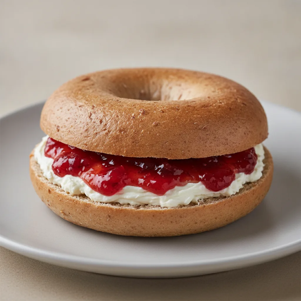 Cream Cheese and Jam Bagel (Whole Wheat Bagel, Cream Cheese, Strawberry Jam) Cream Cheese and Jam Bagel (Whole Wheat Bagel, Cream Cheese, Strawberry Jam)