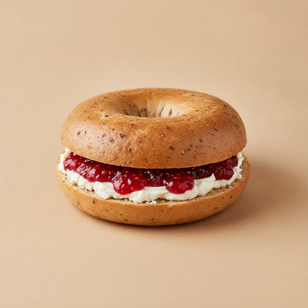Cream Cheese and Jam Bagel (Gluten Free Bagel, Cream Cheese, Raspberry Jam) Cream Cheese and Jam Bagel (Gluten Free Bagel, Cream Cheese, Raspberry Jam)
