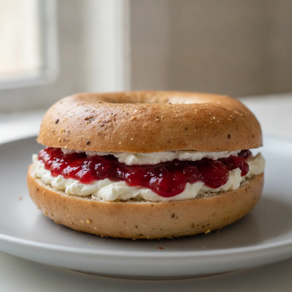 Cream Cheese and Jam Bagel (Gluten Free Bagel, Cream Cheese, Strawberry Jam) Cream Cheese and Jam Bagel (Gluten Free Bagel, Cream Cheese, Strawberry Jam)